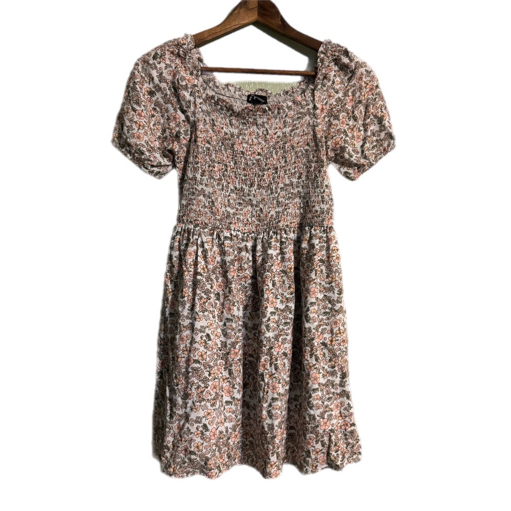 Art Class Floral Smocked Dress Kids L 10/12 Pink Green Excellent Puff Sleeve